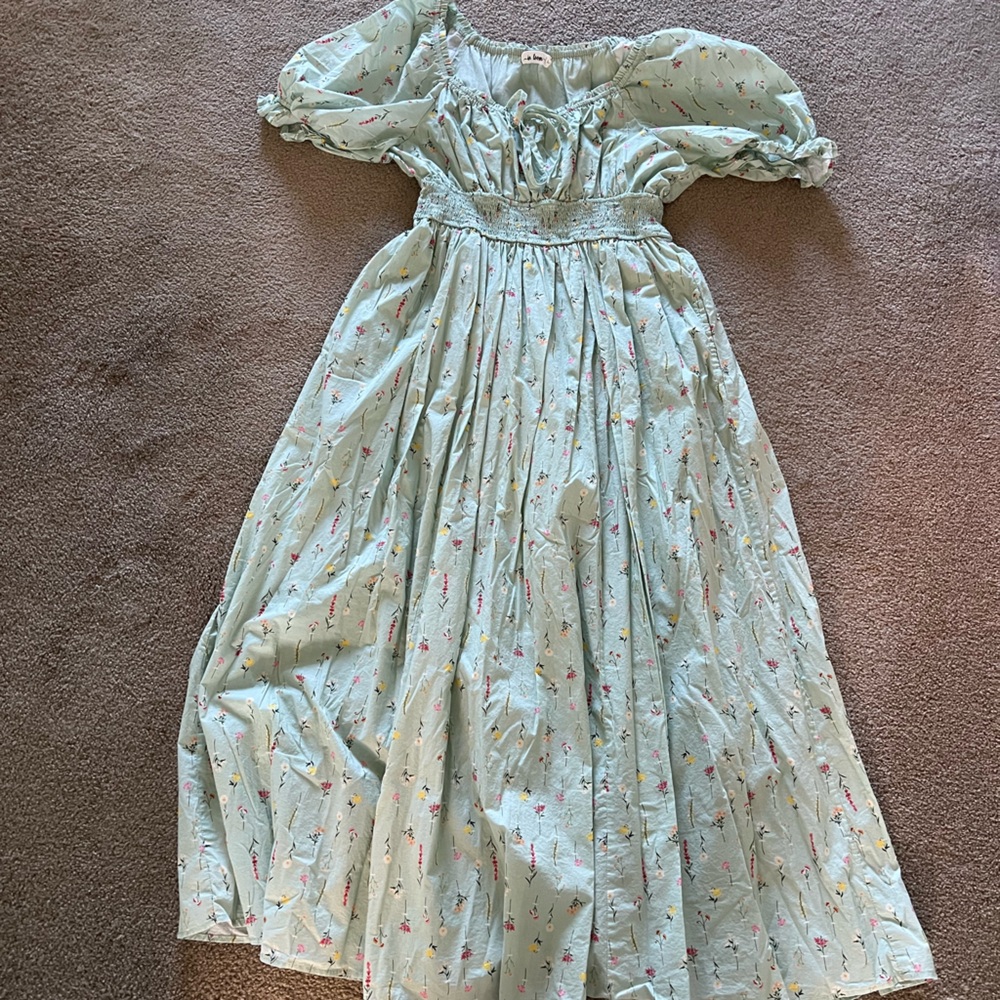 Cotton Floral Puff Sleeve Smocked Waist Maxi Dress